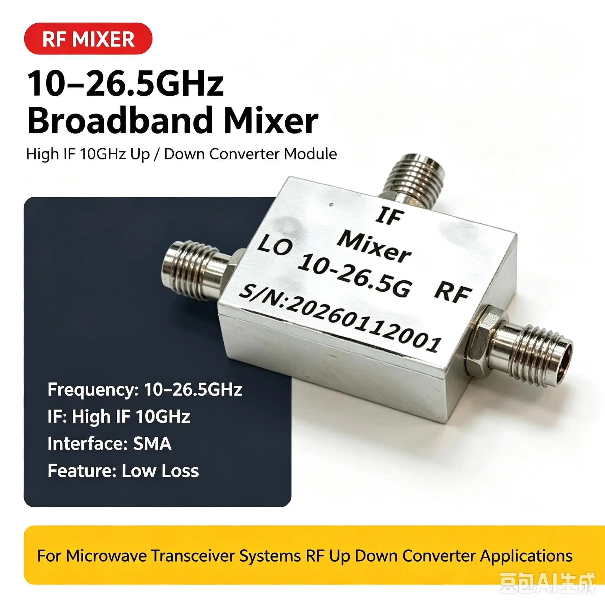 DYKB 10-26.5GHz Broadband Mixer High IF Up Down Converter RF/LO SMA Low Loss Microwave Transceiver Frequency Conversion Module