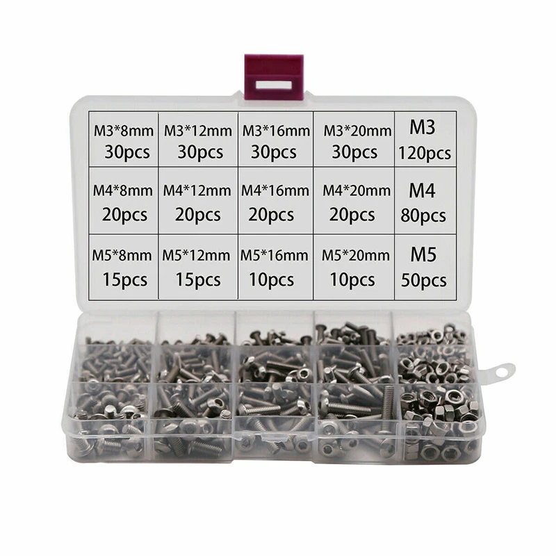 500pcs Stainless Steel M3 M4 M5 Hex Socket Head Button Allen Bolt Screw Assortment Kit Pan Head Hex Screw and Nylon Nut