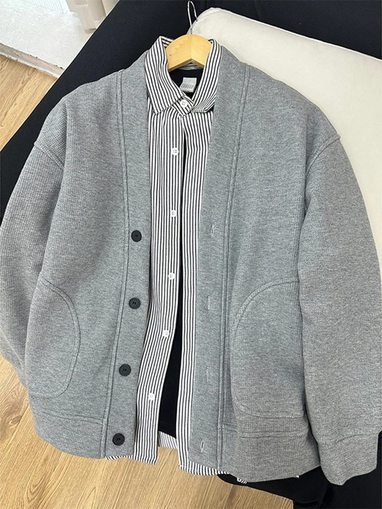 

Light ey American Sle V-Ne Knitted Jaet Men's Spring Autumn Wfle Pattern Inner Wear Couple's Jaet Loose Fit Long ...