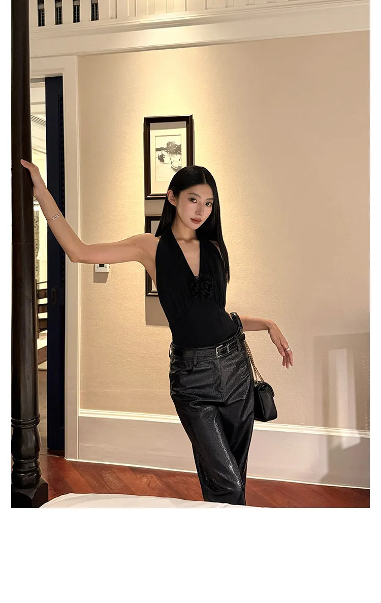 Lautaro Spring Autumn Shiny Lizard Print Pu Leather Straight Pants Women High Waist 2026 Chic Luxury Brands Alternative Pants