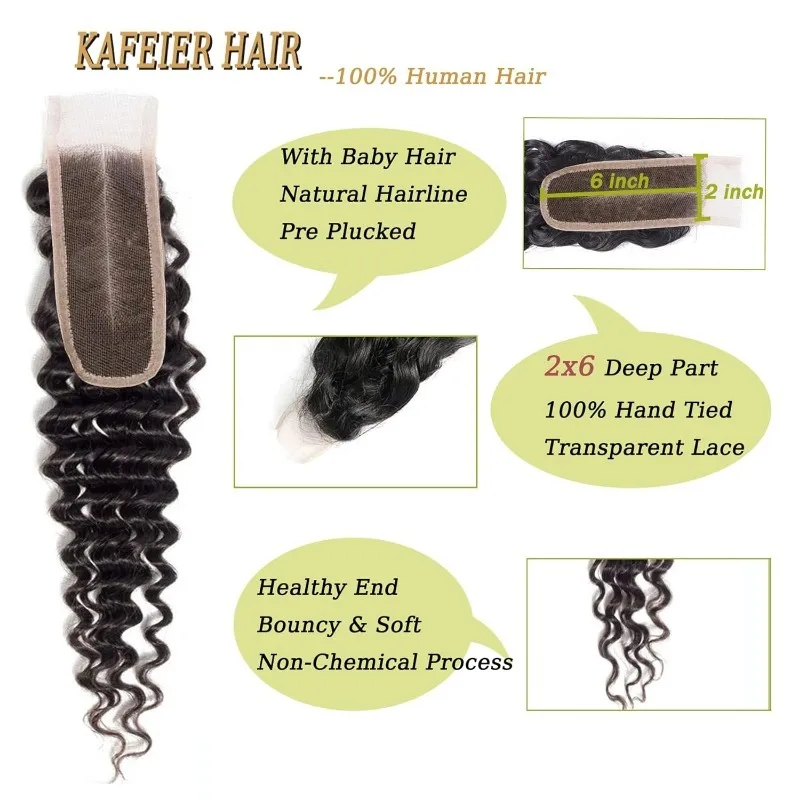 2 × 6 レース閉鎖ディープウェーブ 100% 人毛事前摘み取られた生え際ブラジルバージンヘアソフト透明レース閉鎖女性のための