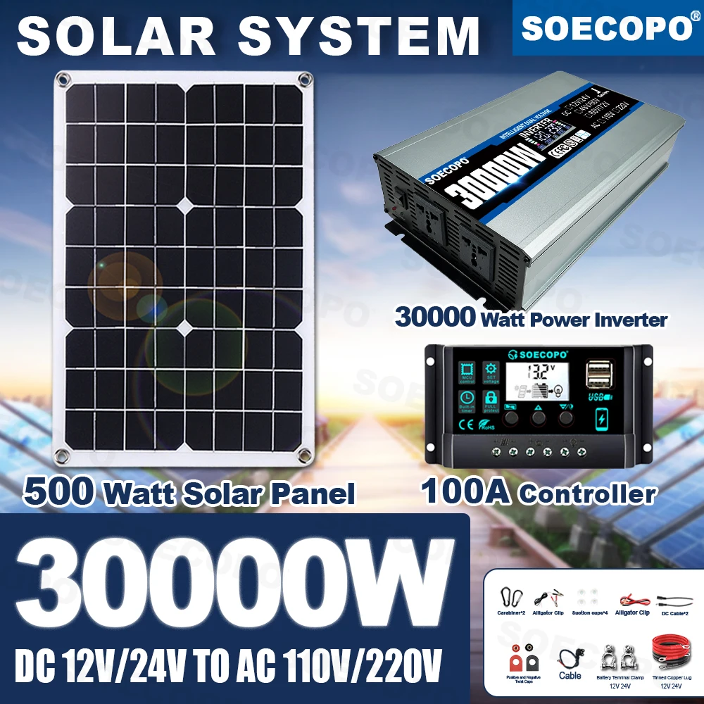 

SOECOPO Off Grid 30000W Peak Solar System Kit 500W Panel 100A Controller 110V 220V Inverter for Home Charger Adventure Fishing