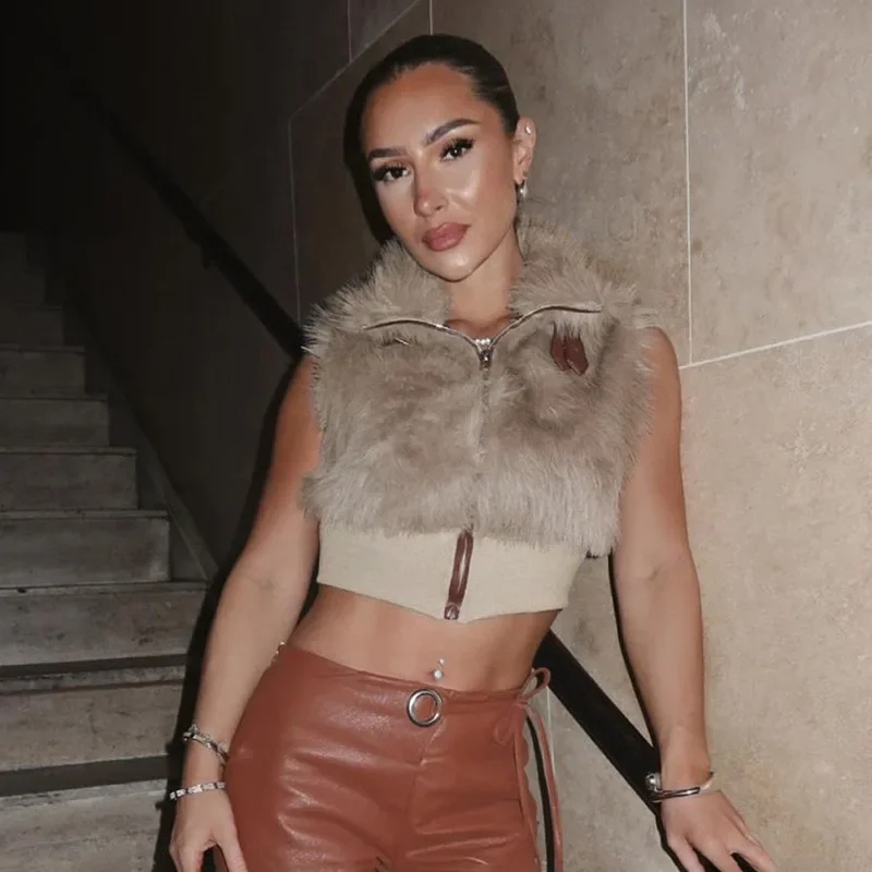 

Куртки из искусственного меха, жилеты, женские модные металлические искусственные кожаные пряжки с отложным воротником без рукавов на молнии, короткие пальто 202, осень-зима