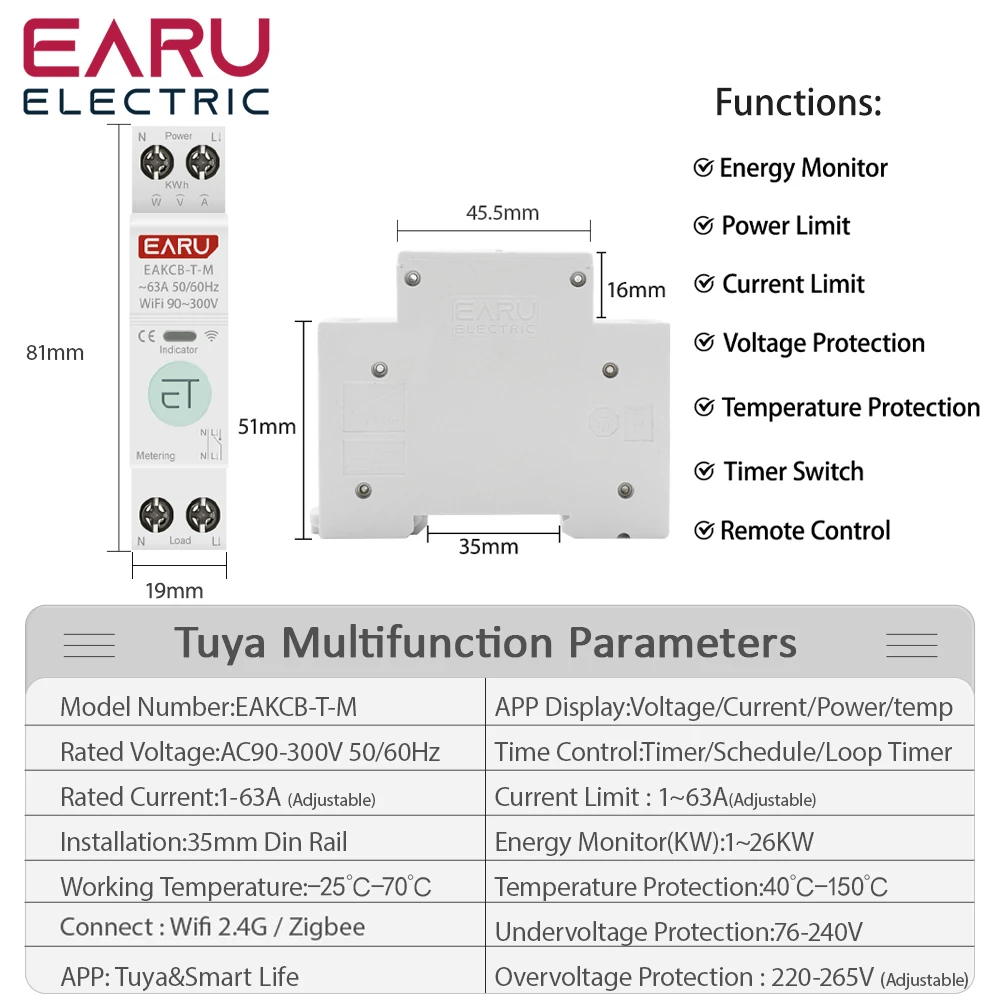 Tuya WiFi Zigbee Smart Circuit Breaker MCB 1P+N 63A Power Energy kWh Voltage Current Meter Protector Voice Remote Control Switch