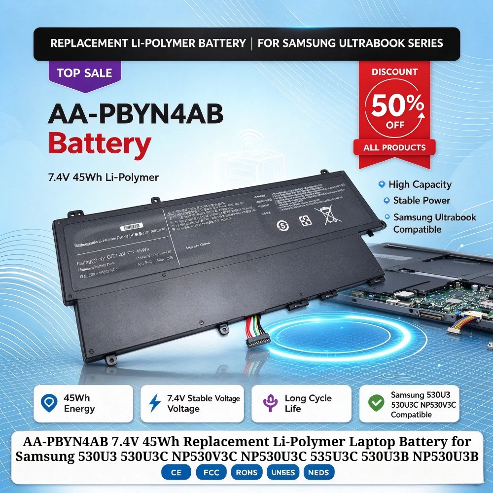 AA-PBYN4AB 7.4V 45Wh Replacement Li-Polymer Laptop Battery for Samsung 530U3 530U3C NP530V3C NP530U3C 535U3C 530U3B NP530U3B