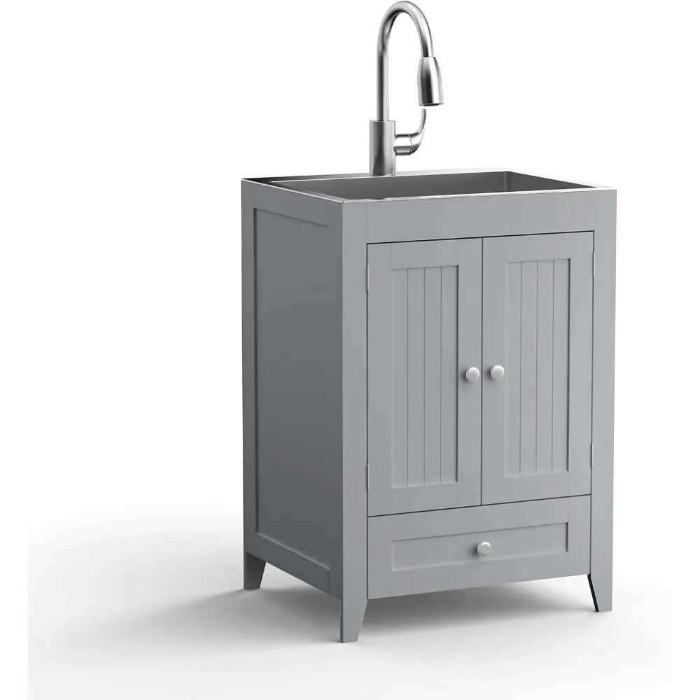 

VINGLI 24-Inch Laundry Sink with Cabinet and Pull-Out Sprayer Faucet, Stainless Steel Utility Sink with Cabinet, Grey Cabinet wi