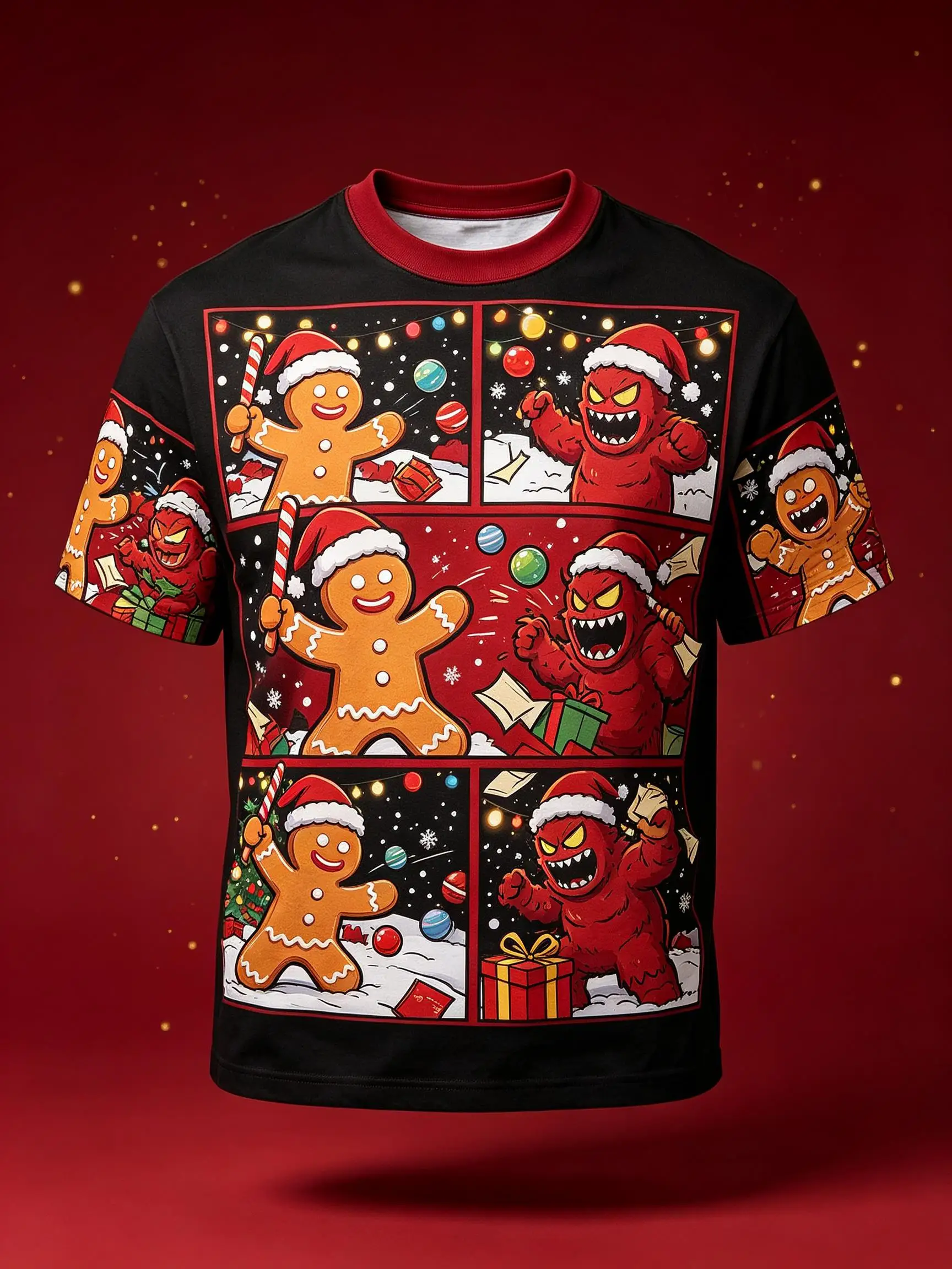Mens Casual Short Sleeve T-shirt Retro Comic Grid Gingerbread Monster Print Fashion Daily Xmas Blouse