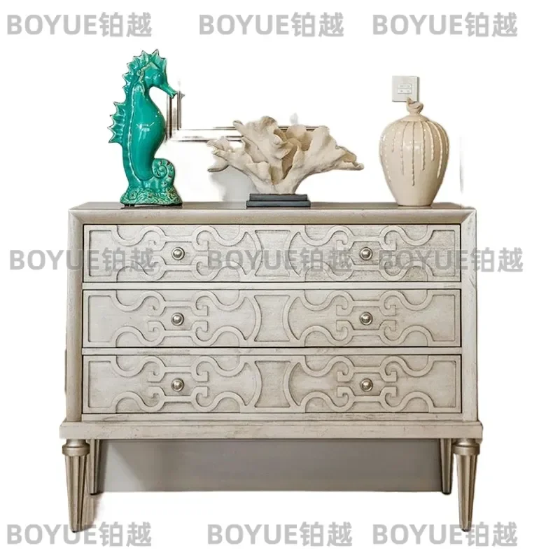 American Light Luxury Solid Wood Porch Cabinet Champagne Gold Three Drawer Entryway Storage Locker Multi Function Living Room