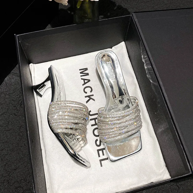 Low Slippers Casual Shoes Woman 2024 Big Size Heeled Mules Glitter Slides Luxury Silver Soft High Jelly Rome Crystal Fabric Rubb