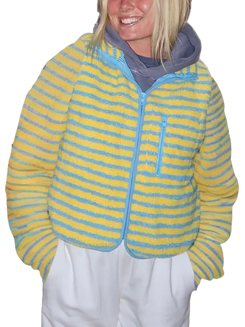 

Womens Winter Fleece Jacket Casual Stylish Striped Zip Up Lapel Neck Long Sleeve Coat