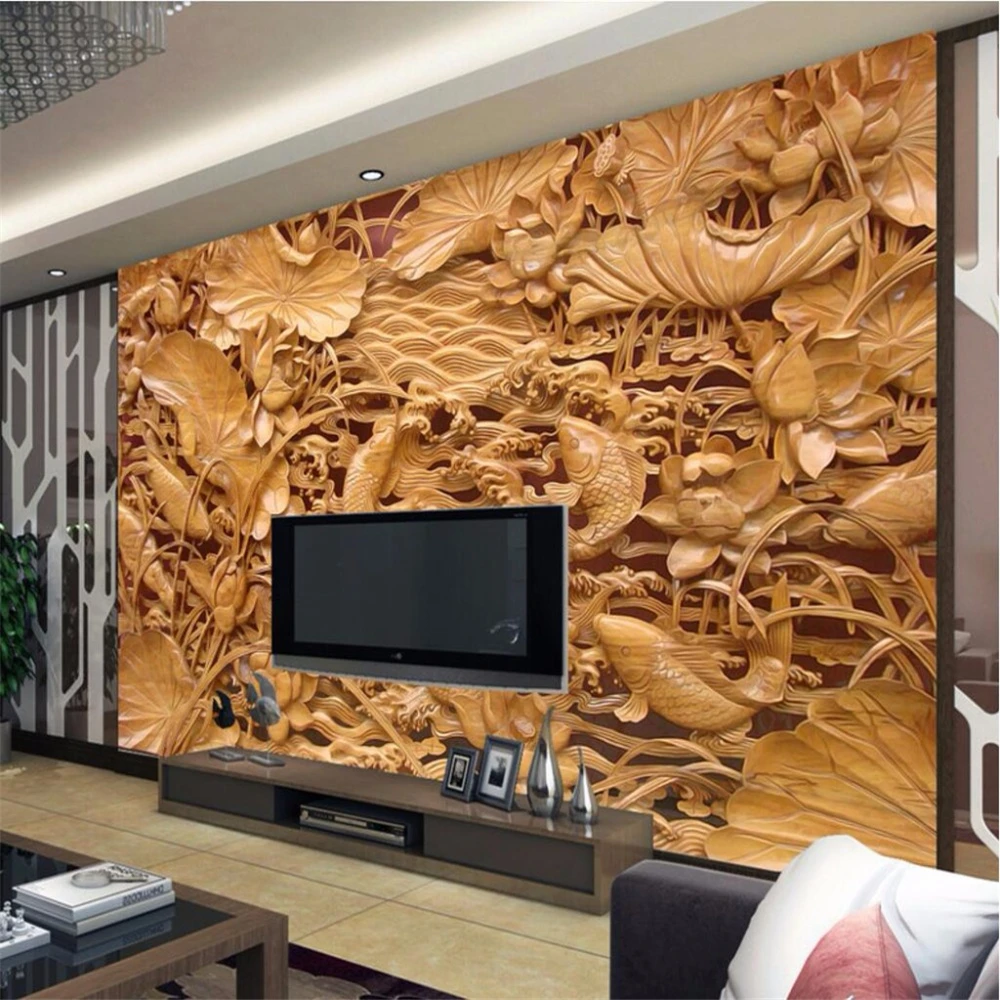 

beibehang Custom Wood carving lotus Photo Wallpaper Living Room Bedroom Backdrop Home Decor Papel De Parede 3D Mural wall paper