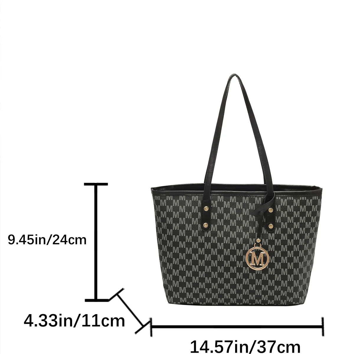 Fashion M Letter Print  Tote Bag PU Letter Pendant Large Capacity Handbag Water Resistant Shoulder Bag for Commuting Shopping