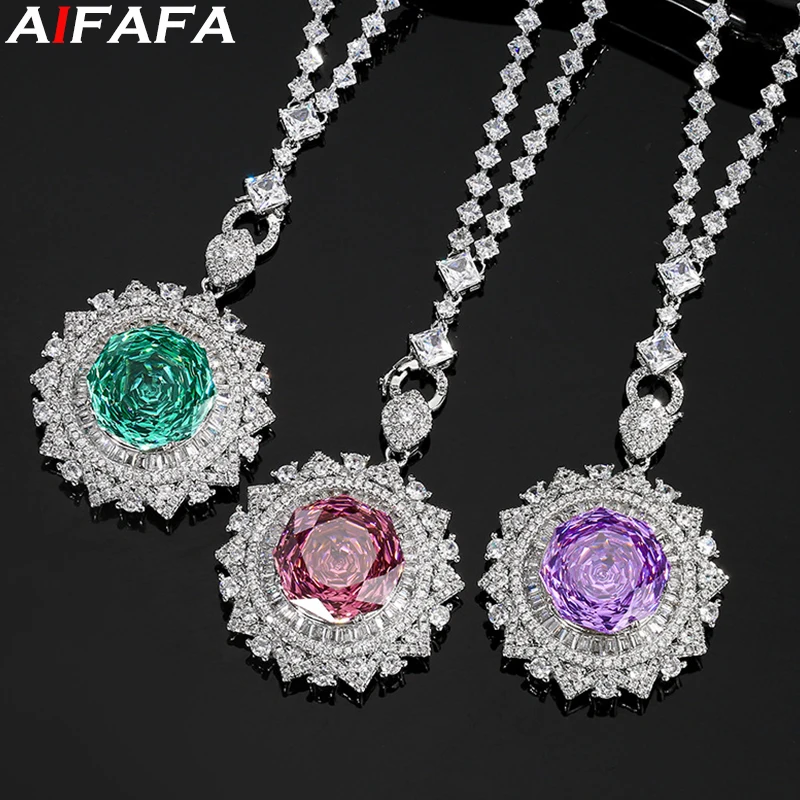 Stunning Rose Cut Pendant Necklace 18mm Green Purple Pink Sunflower with Full Stone Neck Chain Gifts Fashion Accessories Jewelry