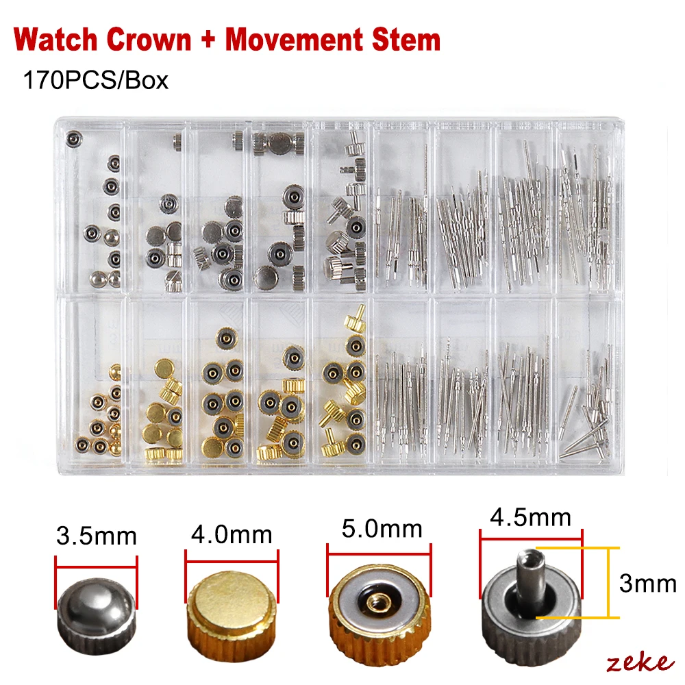 

170 шт., заводная головка для часов из нержавеющей стали, 3,5 мм, 4 мм, 5 мм, регулируемая головка для часов, трубка, запасные части для модификации часов с коробкой