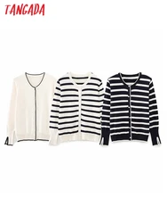 Tangada 2023 Autumn Women Classic Striped Knit Cardigan Sweaters Long Sleeve Female Outerwear 6H452