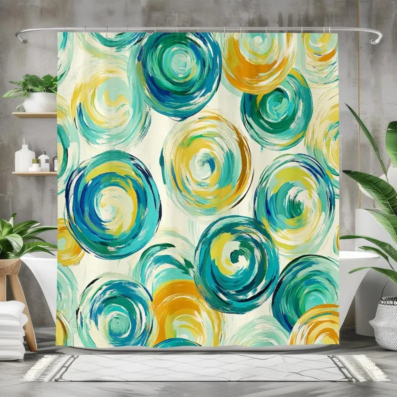 Abstract Spiral Pattern Shower Curtain, Waterproof Fabric Bath Curtain, Modern Bathroom Decor Yellow Swirl Art Fabric Home Decor
