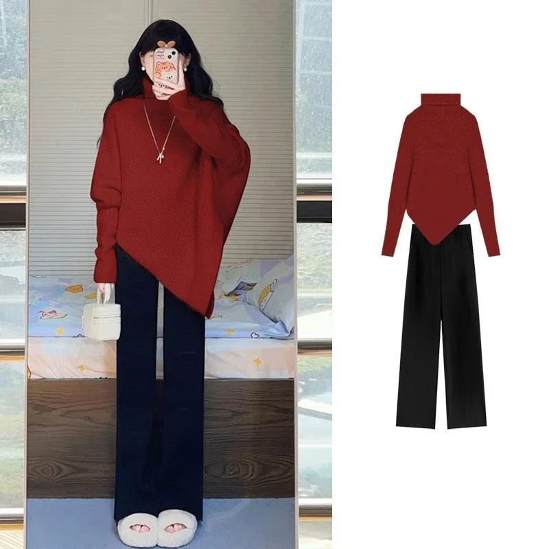 Women Autumn Winter Solid Turtleneck Shawl Sweater Wide Leg Pants Two Piece Set Lady Knitted Pullover Black Trousers Outfits