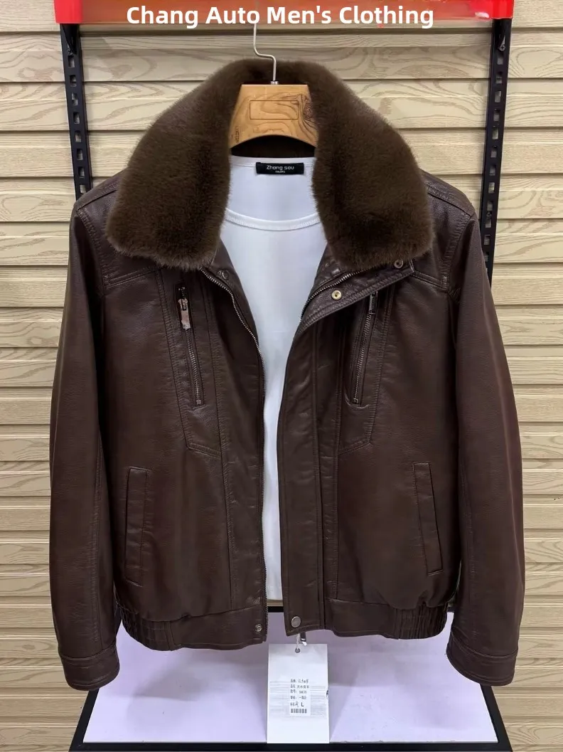 

Men's Winter Jaet Warm Faux Fur Collar PU Leather New Arrival High Quali Luxury Feel Stand Fit Long Sve Zipper Closure