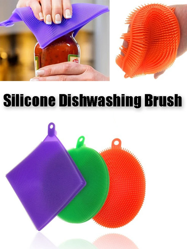 3Pcs Silicone Dish Washing Brush Pot Pan Sponge Kitchen Cleaning Brush Silicone Scouring Pad Vegetable Fruit Pot Pan Wash Brush