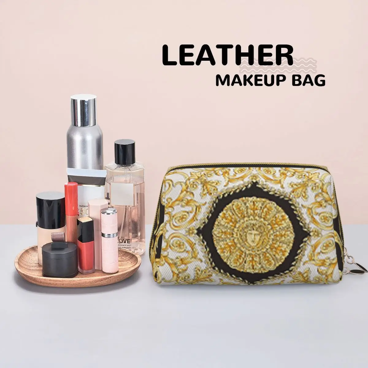 Decorative Golden Medallion Baroque Women Cosmetic Bags Travel Makeup Organizer Pouch Toiletry Storage Dopp Kit Case