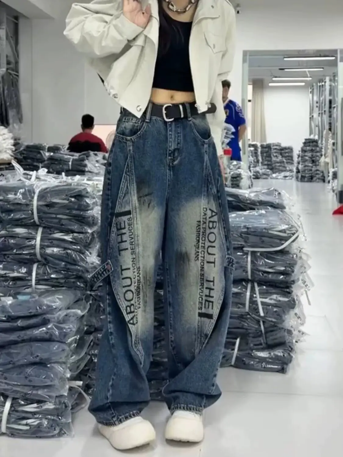 Men's Women's Blue Y2k Cargo Jeans Harajuku Baggy Denim Trousers Vintage Wide Jeans Long Oversize Pants Japanese 2000s Style
