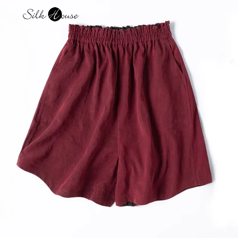 

Double Sided Wearing Turtle Crack 100% Natural Mulberry Silk Fragrant Cloud Gauze Red Flower Bud Waist Women's Casual Shorts