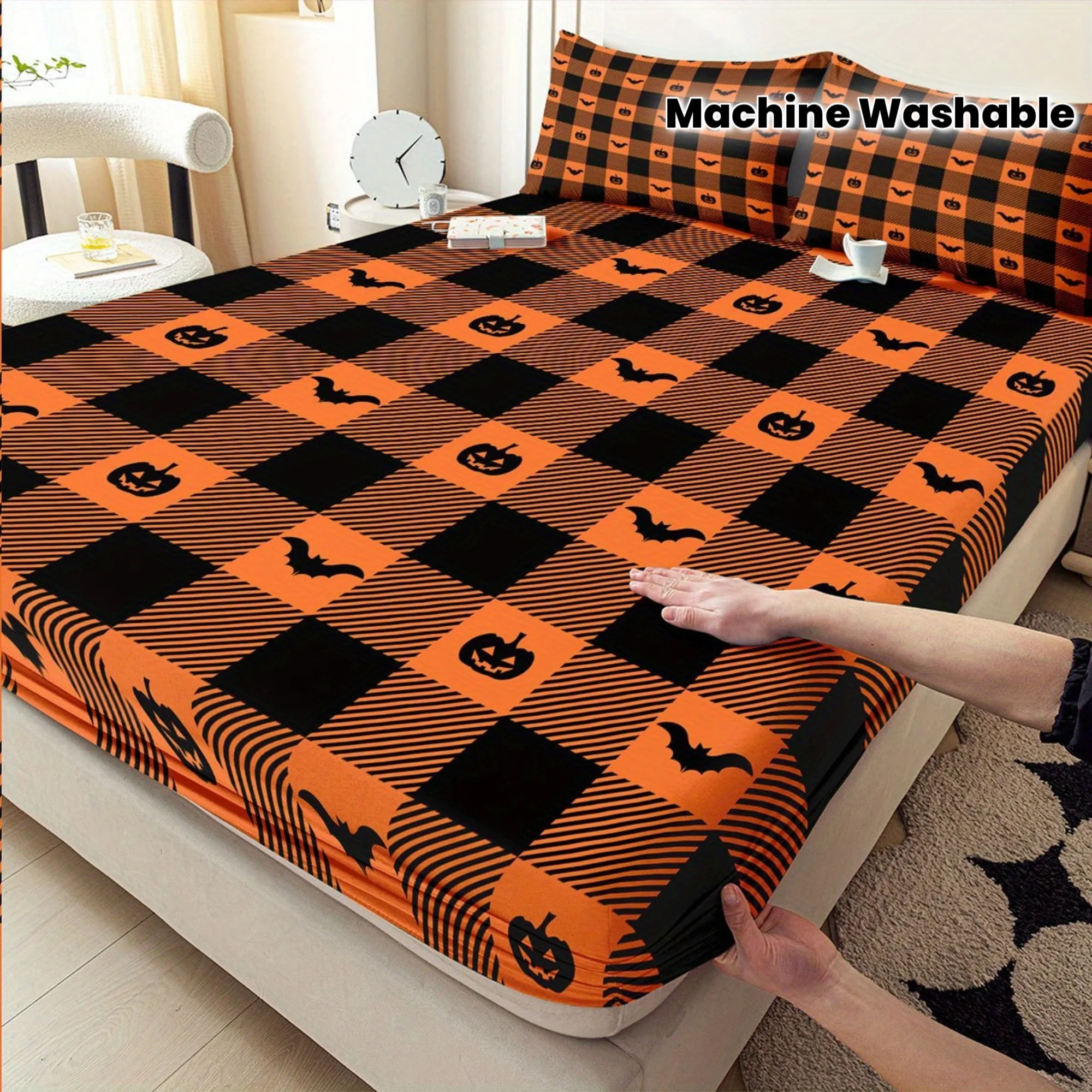 3-Piece Set of 2D Flat Printed Halloween Pumpkin and Bat Plaid Bed Sheet Set_ Mattress Protector_ Queen Size_ King Size_ for Bedroom and Guest Room_ Polyester Machine Washable (1 Bed Sheet + 2 Pillowcases Without Inserts), 2D Flat