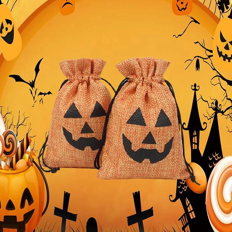 Burlap Halloween Pumpkin Pattern Drawstring Bag, Drawstring Storage Bag, Suitable For Halloween Party Gifts