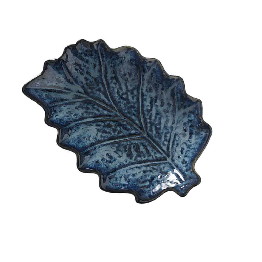 

1Pcs Blue Glazed Leaf Design Porcelain Plate Sushi Tray Fried Steak Server Appetizer Stand Household Fruit Snacks Dish Dinner