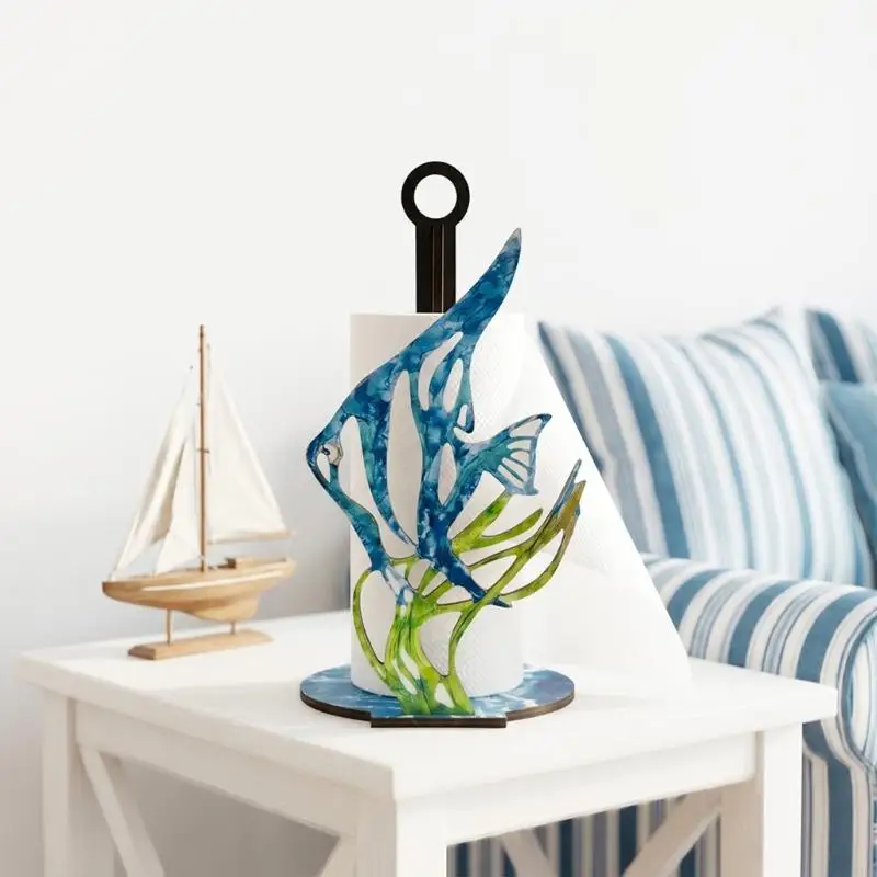 Wooden Paper Towel Holder Stand with Ocean Fish Design for Kitchen Countertop, Freestanding Tissue Roll Holder for Dining Table,
