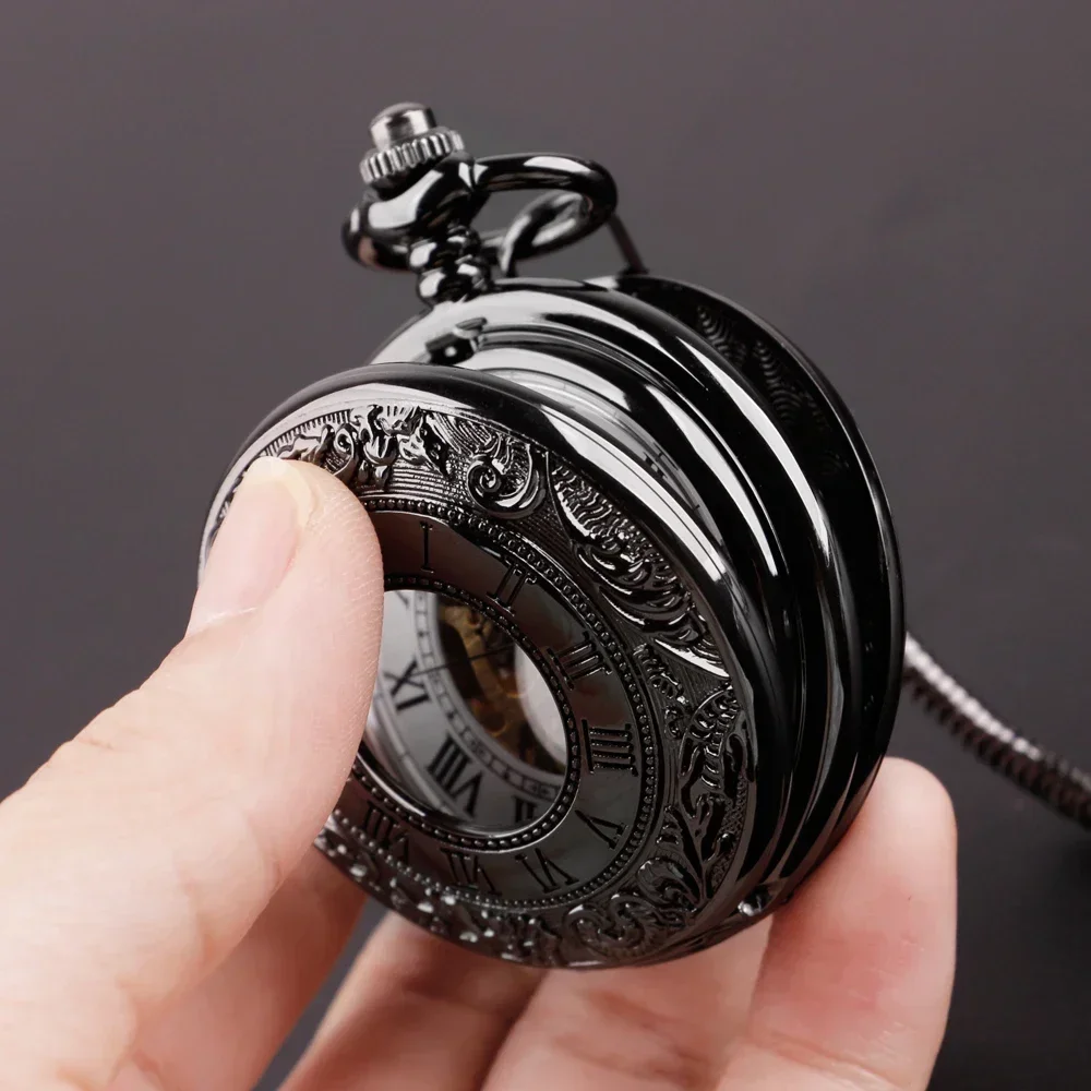 Roman Numerals Manual Mechanical Pocket Watch Retro Chain Clock Gift for Male Antique Hand Winding Steampunk Pocket Clock