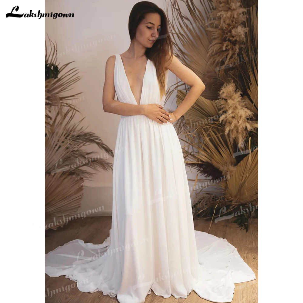 Lakshmigown Cổ V Voan Áo Cưới Với Khe Đơn Giản Đi Biển Cô Dâu Áo Ngủ Sexy Dây De Mariage 2023 Tự Làm