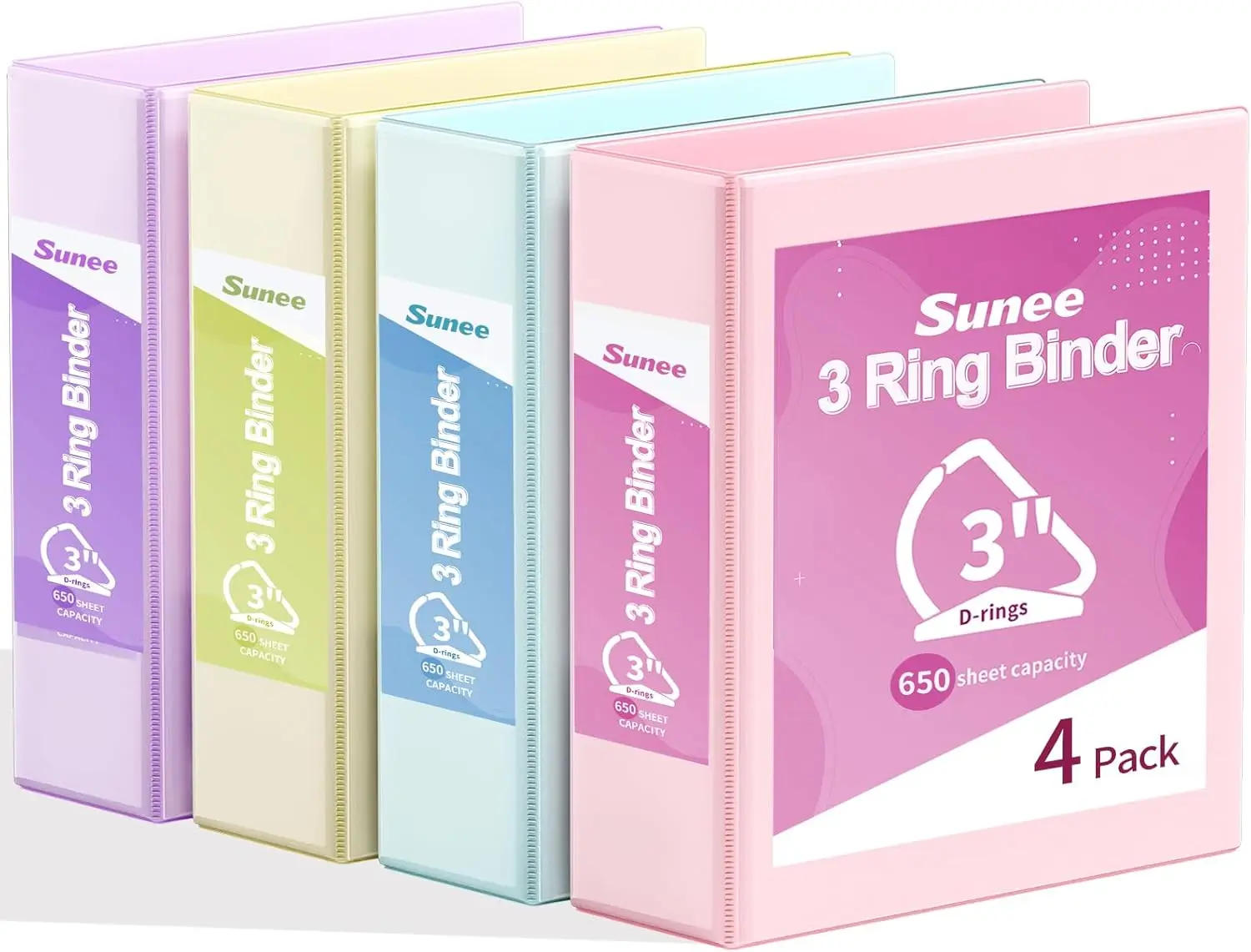 

3 Inch D Ring Binder 4 Pack, Clear View, PVC-Free, Holds 650 Sheets, Pastel Colors, for School Office