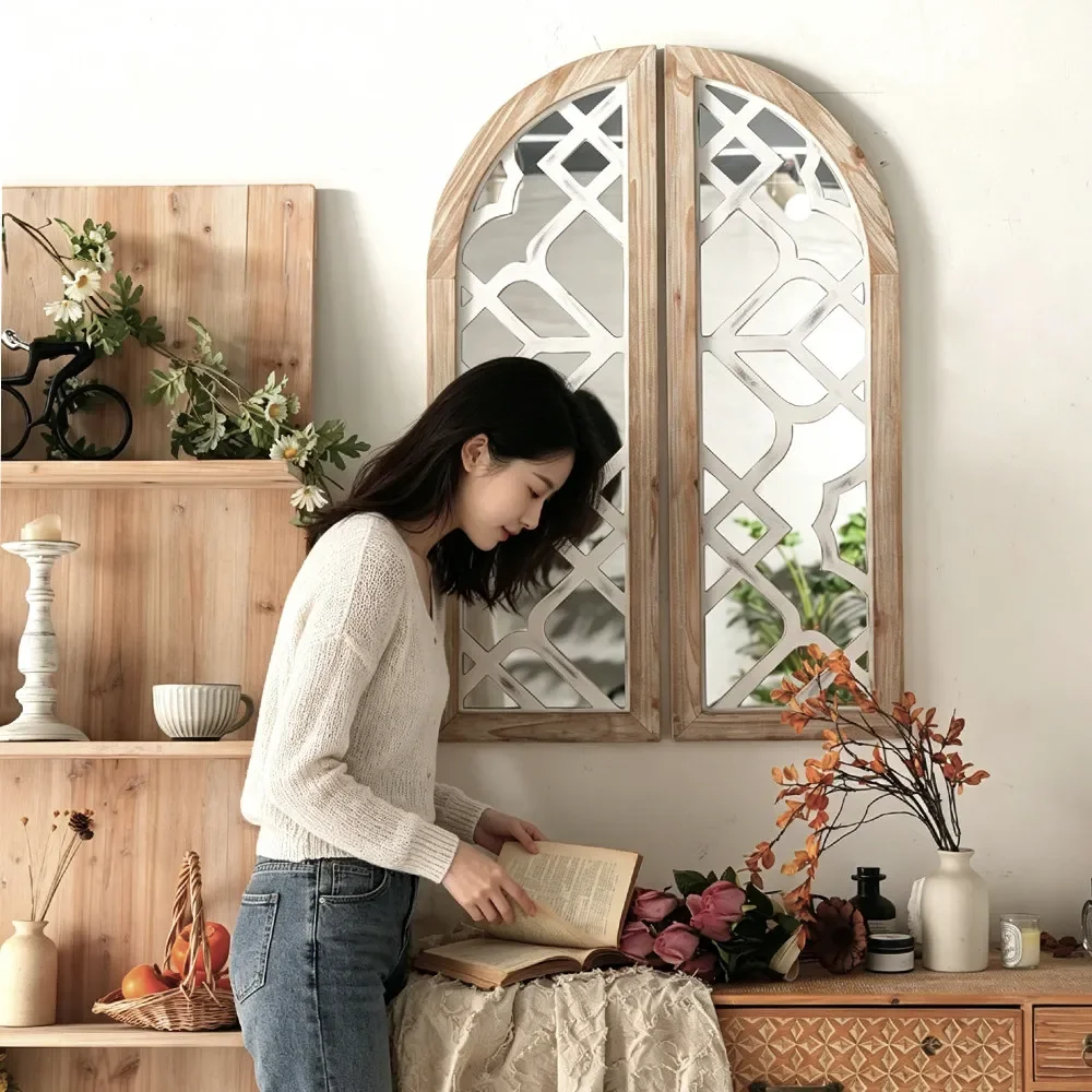 Retro Hollow Decorative Mirror Country Homestay Wall Hanging False Window Mirror Wabi Sanfeng Living Room