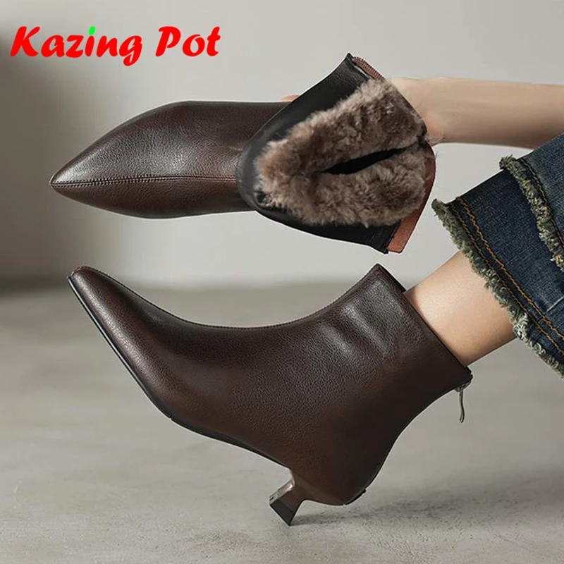Krazing Pot Sheepskin Wool Pointed Toe Thin Med Heels Modern Chelsea Snow Boots Keep Warm Winter Shoes Brand Zipper Ankle Boots