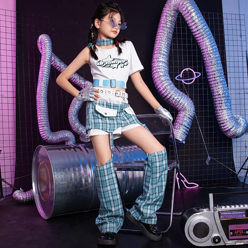 

Jazz Dance Cool Blue Checkered Performance Costume Suit Modern Street Dance Stage Performance Costumes for Girls Hip Hop DQL9371