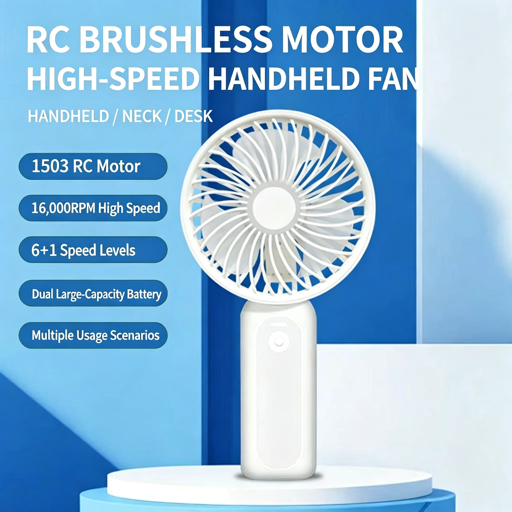 M2 Summer Handheld Fan,4000mAh Detachable Battery,1503 RC Brushless Motor,7-Speed