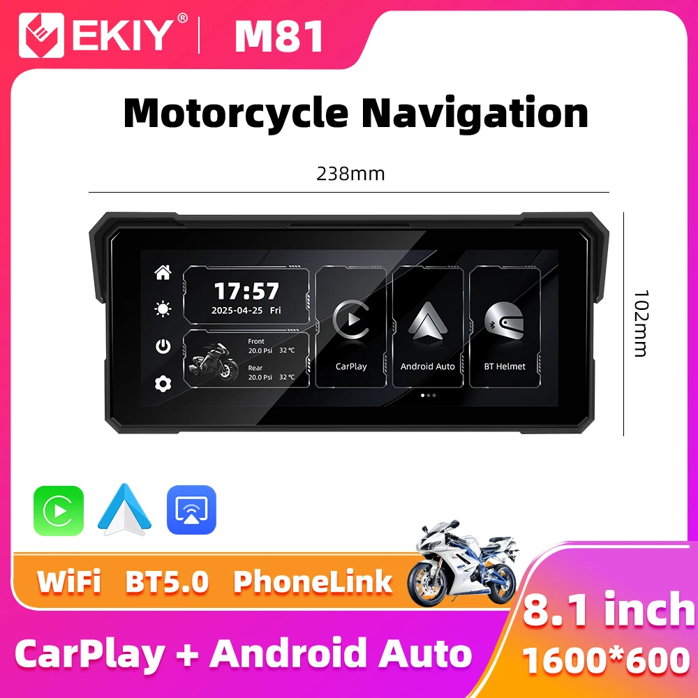 

EKIY 8.1 inch Wireless CarPlay Moto Android Auto Portable Digital Motorcycle Dashboard GPS Navigation Display Screen TPMS