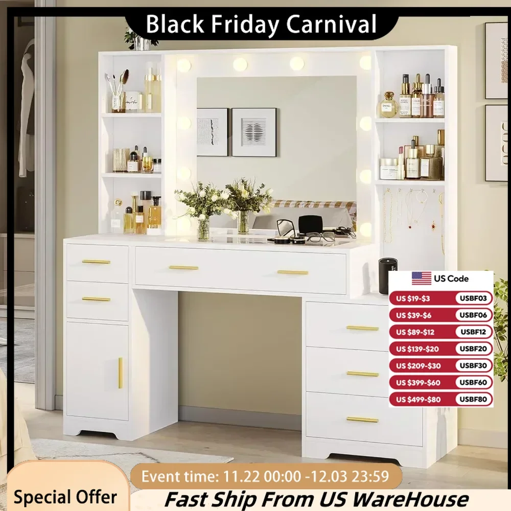 48.8'' Large Vanity Desk with Lighted Mirror & Power Outlet White Makeup Vanity Table  4 Shelves  Dressing Table