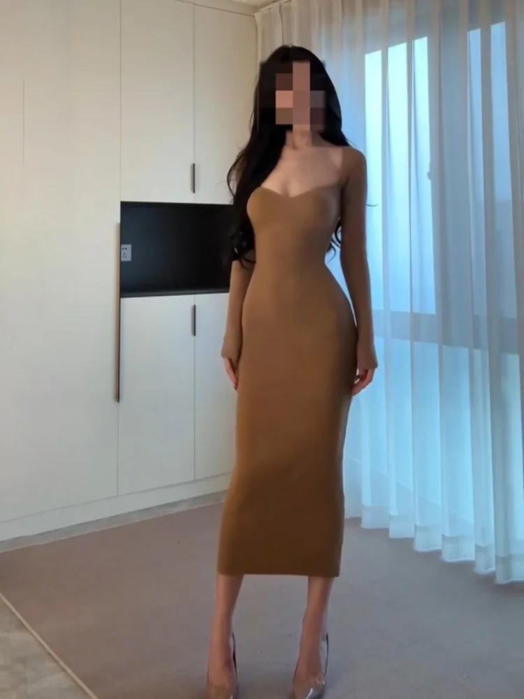 

Stazf7 Slim Fit Knitted Dress Square Collar Base Layer Long Dress Spring Summer High Waist Knitted Retro Style Women's Dress