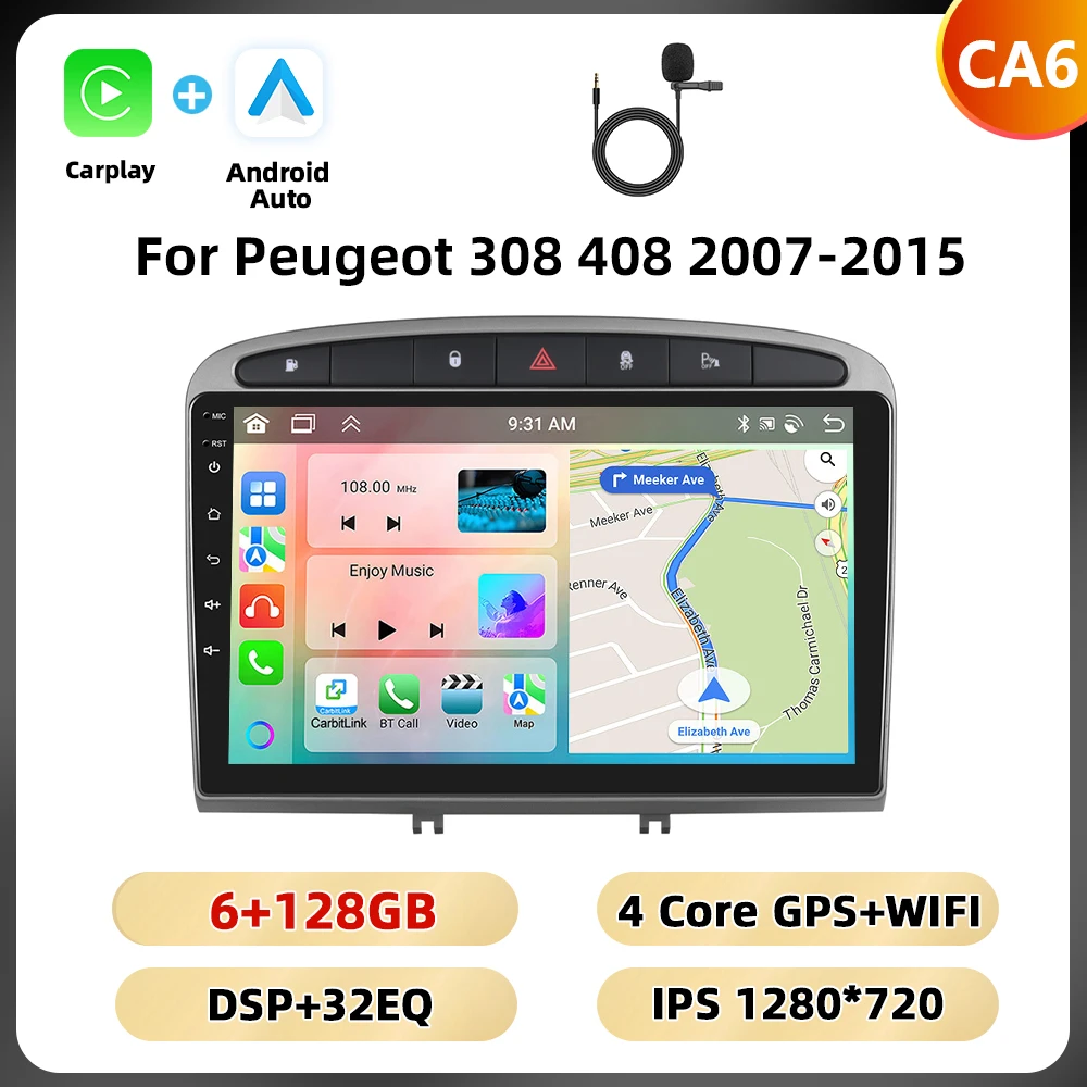 Podofo 2Din 9 ''Autoradio Voor Peugeot 308 408 2007-2015 Multimedia Speler Android Auto Carplay WIFI 4G GPS AI Voice Auto Audio