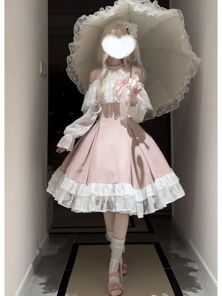 Autumn Winter New Elegant Long Dresses Women French Style Sweet Long Sleeve Princess Dress Pink Aesthetic Chic Design Clothes