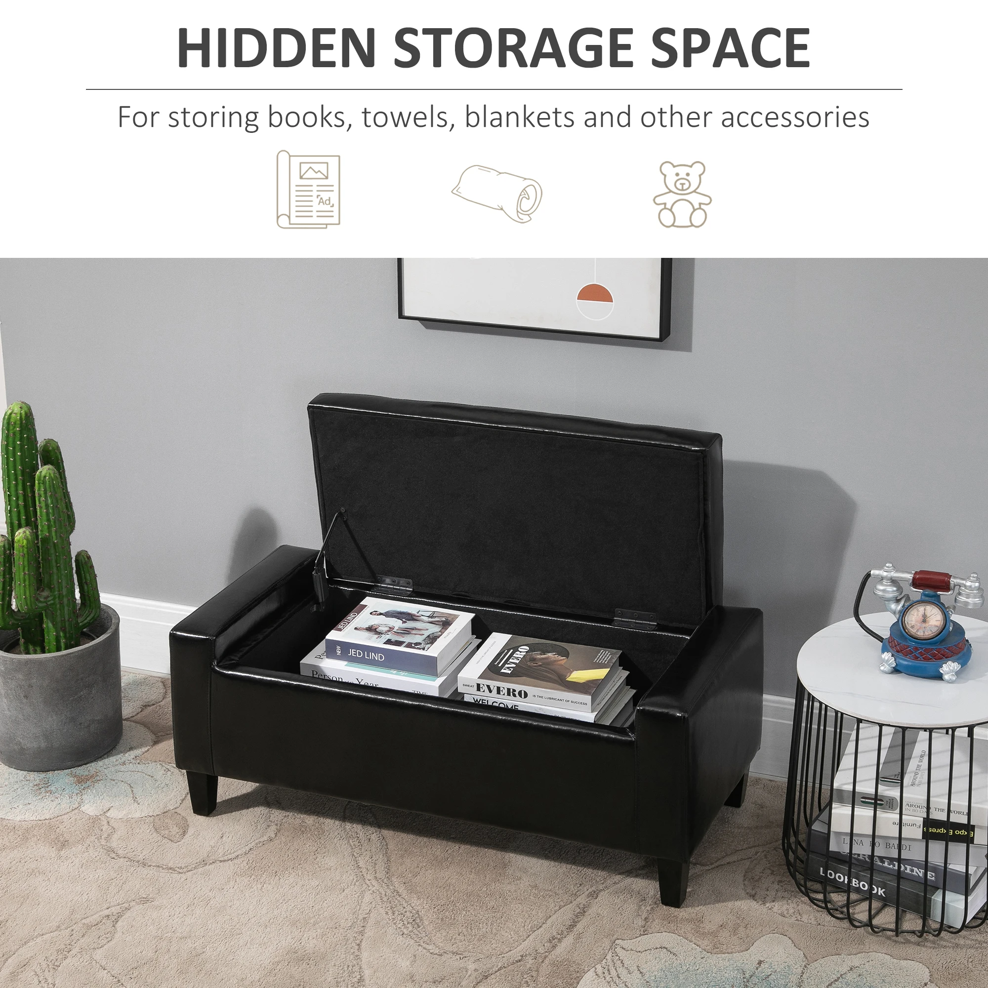 HOMCOM 40x90cm PU Leather Storage Ottoman Bench Wood Frame w/ Tufting Feet