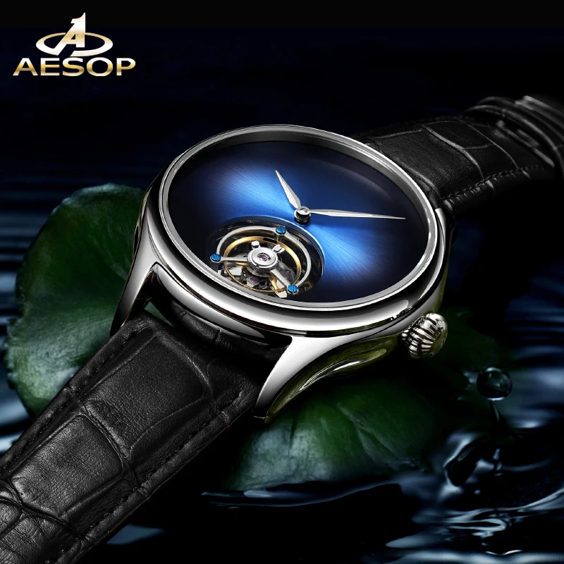 AESOP men's luxury central manual tourbillon mechanical watch gradient aurora simple advanced light luxury 3Bar waterproof watch