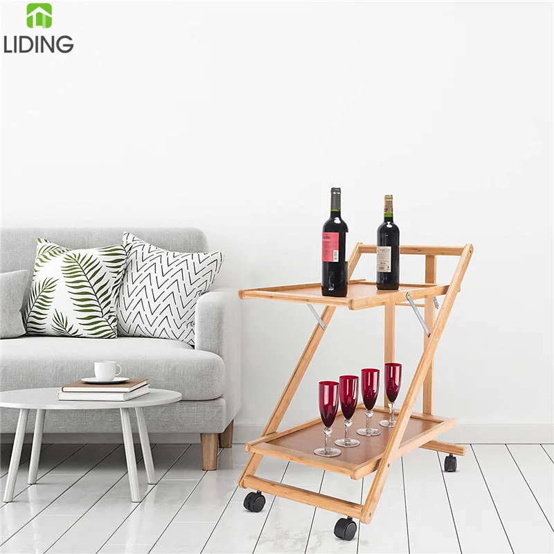 Bamboo Serving Trolley Foldable 2 Tiers Kitchen Trolley