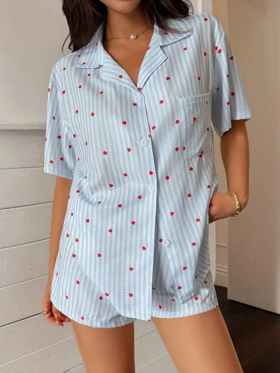 

Blue Striped Heart Print Short Sleeve Pajama Set Women Loose Summer Sleepwear
