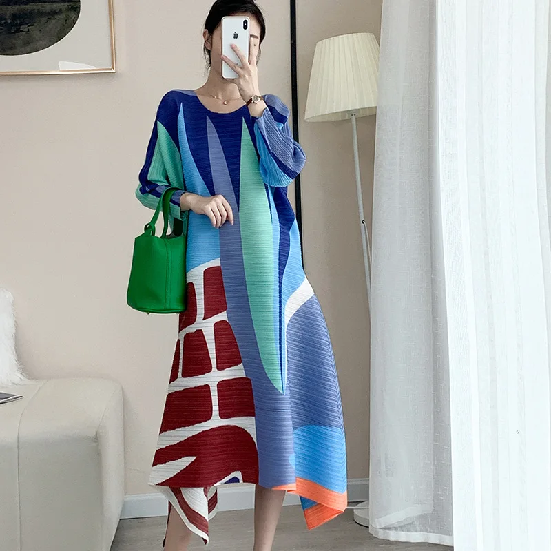 

miyake pleated fashion print loose thin long dress 2022 autumn casual basic meat-cover skirt for women