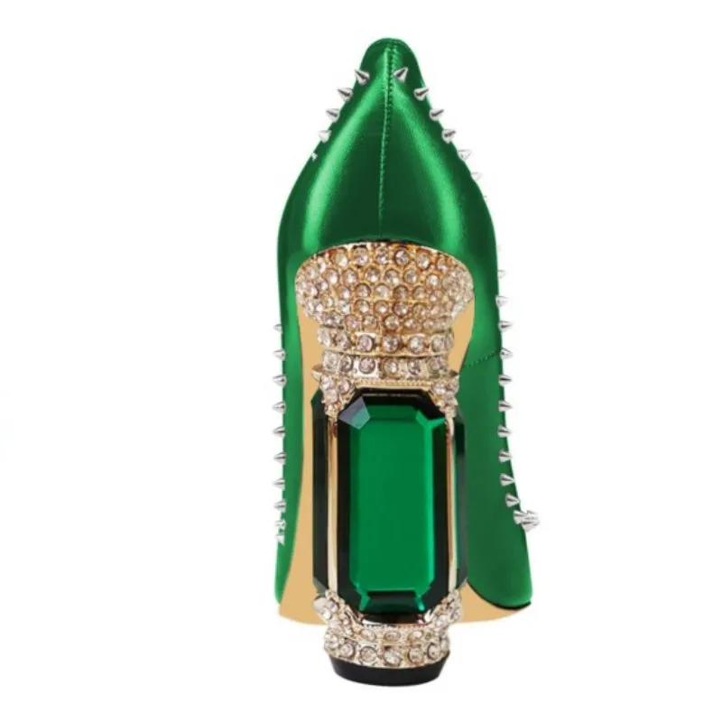 

YAOJING Fashionable women's high heels. Crystal heel. Green leather single shoes. About 10.5cm heel height. Pointed toe shoes.