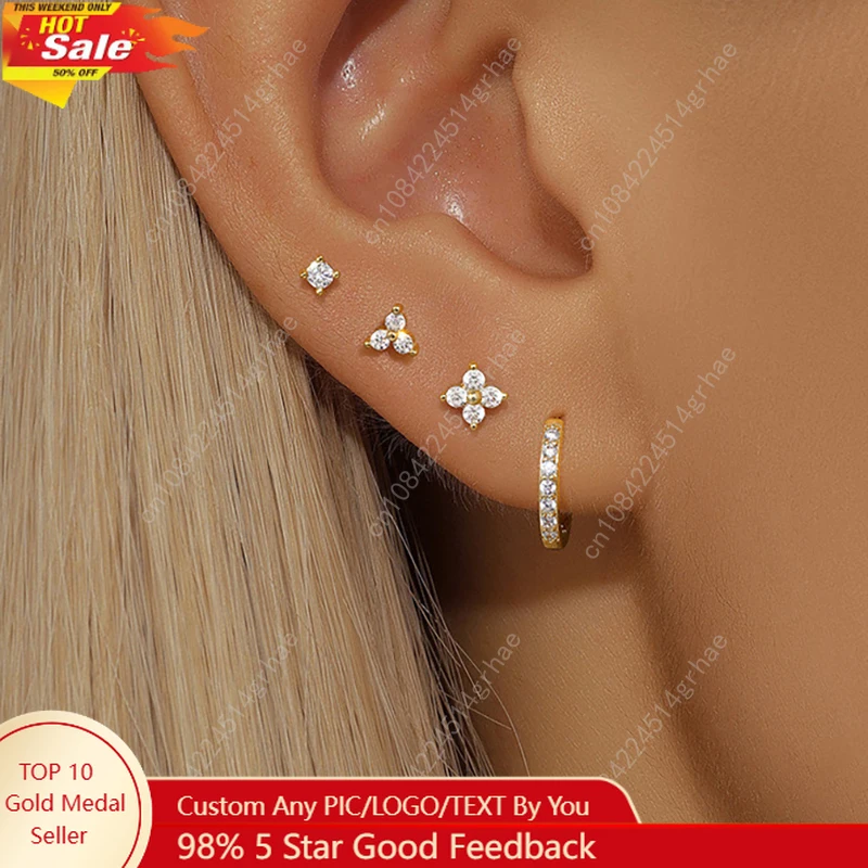4 قطعة 18K مطلية بالذهب زهرة جولة ثقب طقم من الحلقان للنساء الفولاذ المقاوم للصدأ الزركون الشرير قرط الاذن المرصع العصرية مجوهرات aretes