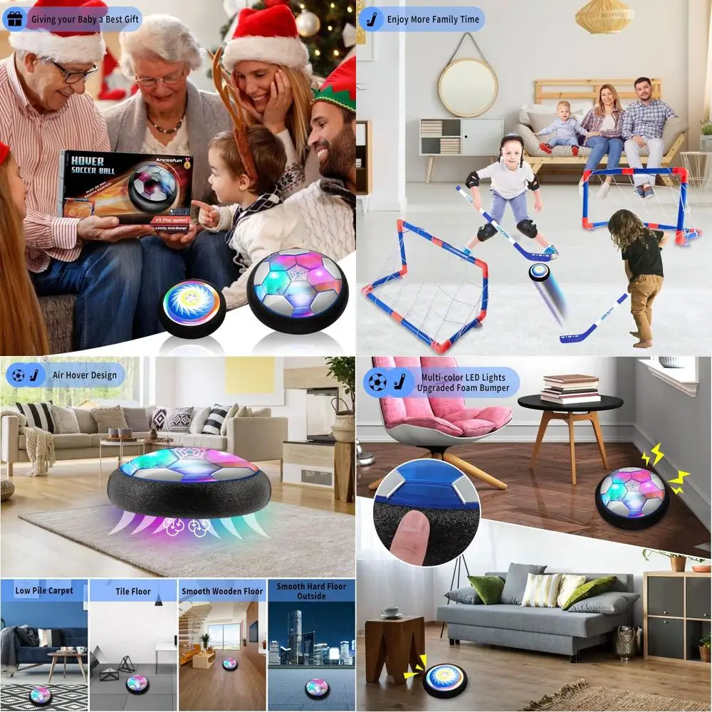 

Набор 3-в-1: Хоккей и футбол на воздухе, перезаряжаемый воздушный футбольный мяч и плавающий хоккейный шайболовый мяч, светодиодная подсветка, бампер, 2 ворота, подходит для